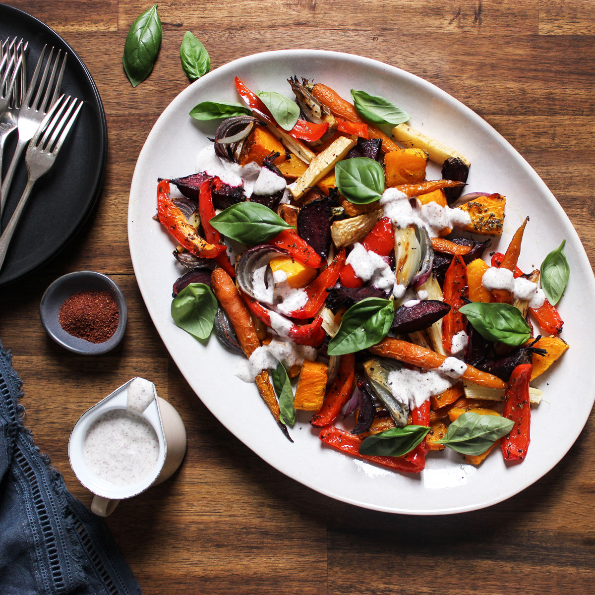 Roast Vegetable Salad with Sumac Yogurt Dressing